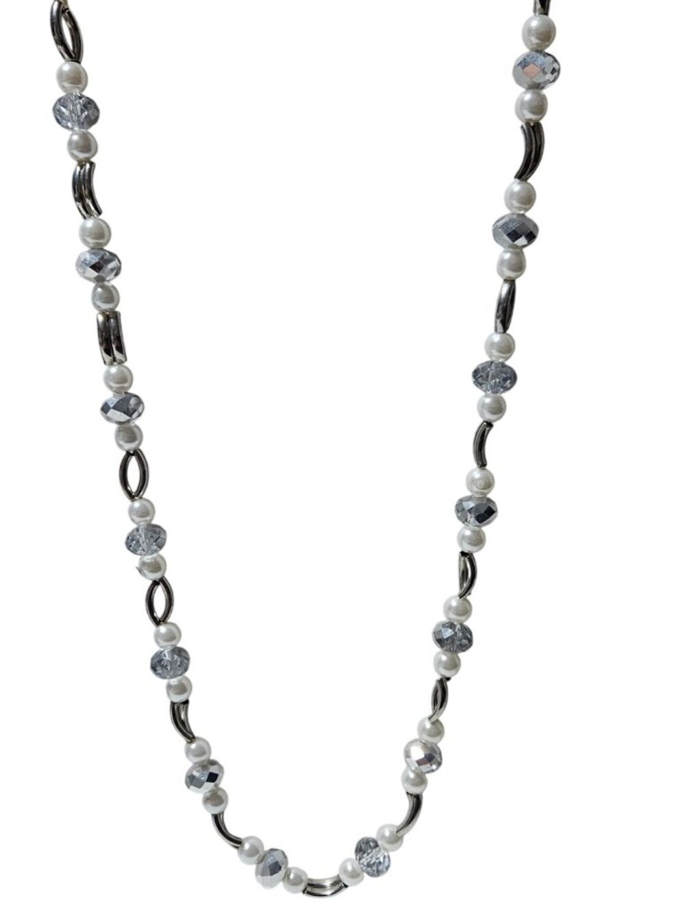 Handcrafted Faux Pearl Beaded Necklace Silver Tone Faceted Beads Classic Fashion